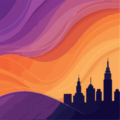 City skyline silhouette at sunset with night sky