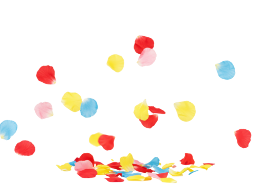 Thousands of crisp, fresh, delicate flower petals in vibrant red, yellow, blue, and pink, gracefully falling against a transparent background with copy space, sense of celebration and joyful abandon
