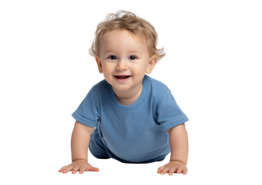 Happy baby crawling in blue t shirt isolated on a transparent background