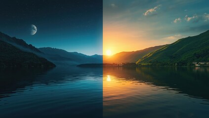 A captivating split view of a serene lake at night and a vibrant sunrise over mountains