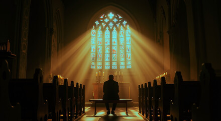 Lone man praying in dark church with dramatic sunbeams from stained-glass window. Concept of faith, spirituality, and hope