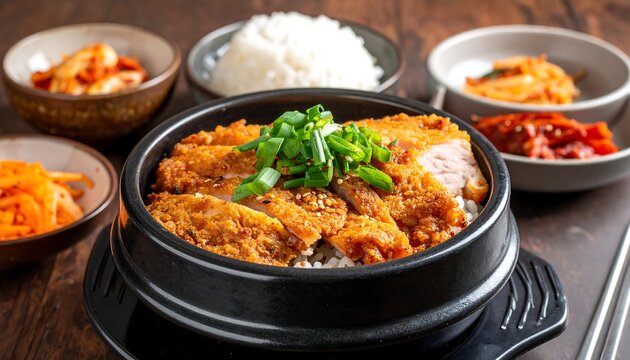 Asian dish of crispy chicken atop rice, garnished with greens and kimchi - Powered by Adobe