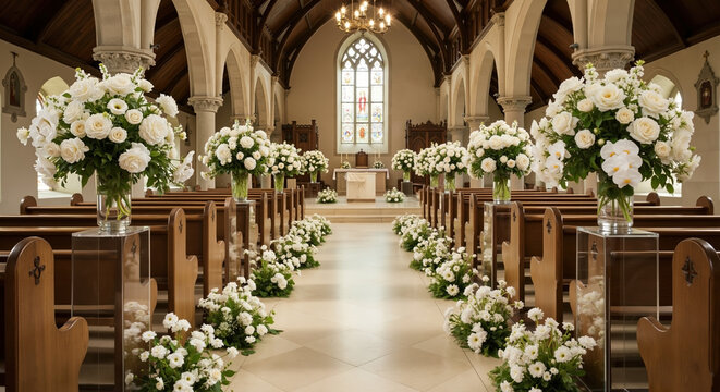 Church aisle decorated with white flowers for wedding ceremony. Elegant floral arrangements line path to altar in traditional venue interior