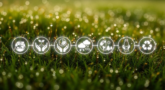 Environmental icons on a green grass background with water droplets