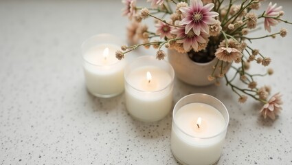 Cozy Minimalist Candle Arrangement with Dried Flowers and Warm Light
