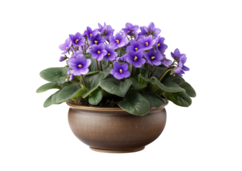 Purple African Violets in Ceramic Pot isolated on a transparent background