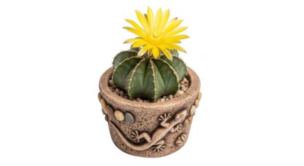 A vibrant yellow cactus flower blooms atop a green cactus in a decorative pot isolated on transparent background