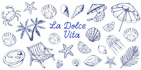 La dolce vita summer beach elements collection with seashells palm trees crab starfish and beach chair