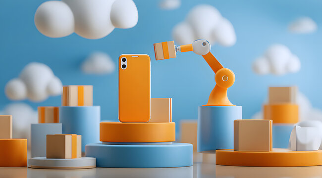 Scenes of robotic arms and mobile phone delivery boxes