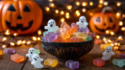 Halloween Celebration with Colorful Gummies and Ghost Decorations