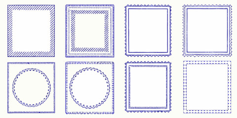 Collection of hand drawn blue ink borders and frames with decorative edges and patterns