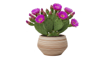 Vibrant pink blooming cactus plant in decorative pot isolated on transparent background