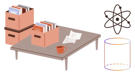 Two stacks of boxes with books, papers, coffee mug on table, atom diagram, and cylinder sketch. Ideal for education, knowledge, science organization physics learning school. Simple flat metaphor