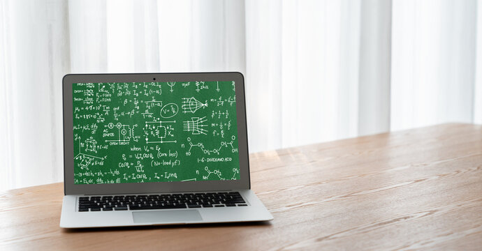 Mathematic equations and modish formula on computer screen showing concept of science and education