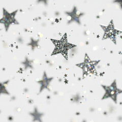 Close-up of iridescent silver glitter stars, diverse sizes, diamond-dust effect, on a transparent background with shallow depth of field, concept of festive magic