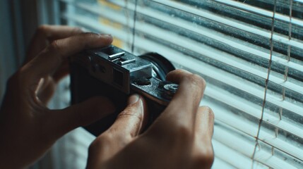Close-up of hands loading film into a vintage camera, daylight filtering through blinds