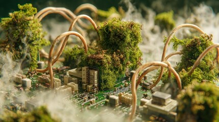 surreal still life of circuit boards covered in moss, cables tangled like roots, soft mist, poetic melancholy