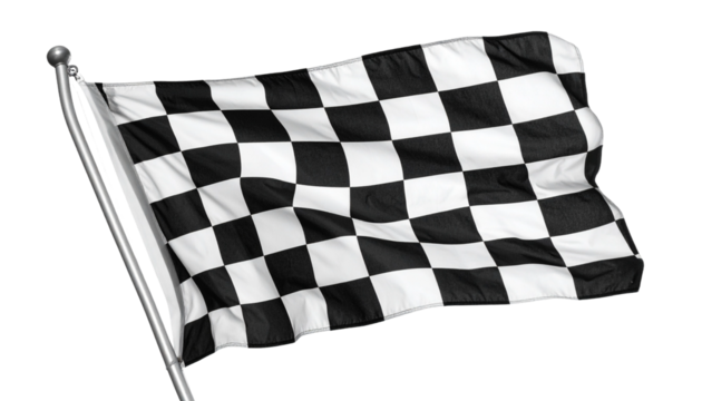 Black and white checkered racing flag waving isolated on transparent background - Powered by Adobe