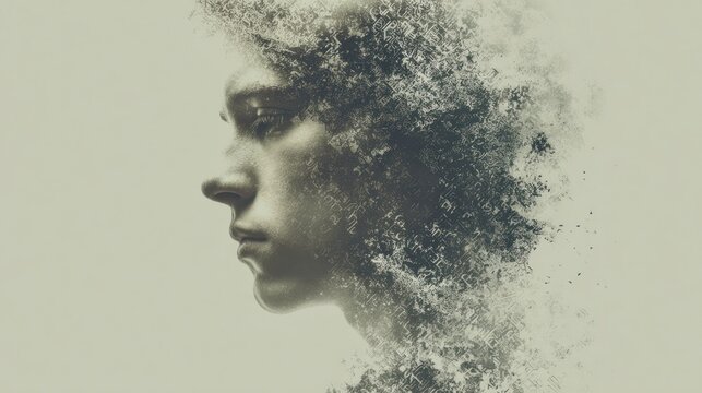 portrait dissolving into typographic dust, soft neutral background, fading identity symbolism