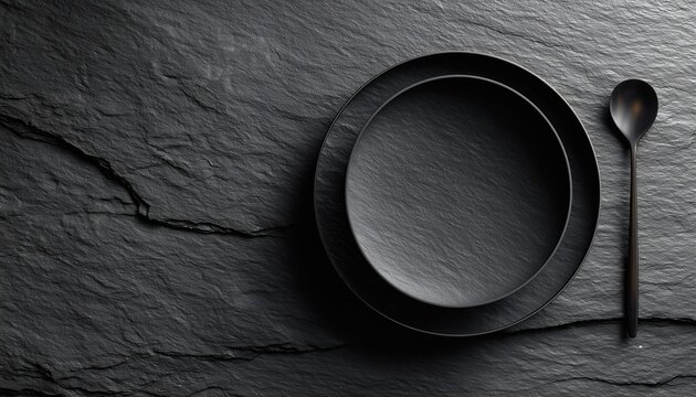 Top-View Black Stone Slate Plate On A Black Stone With Ample Copy Space For Free. Enhance Your Dining Experience!