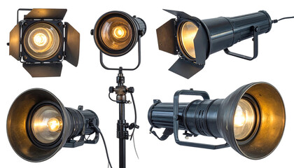 Collection of professional film studio spotlights isolated on transparent background