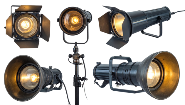 Collection of professional film studio spotlights isolated on transparent background