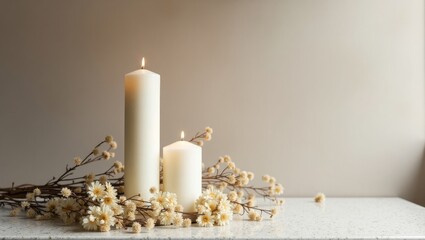 Cozy Minimalist Candle Arrangement with Dried Flowers and Warm Light