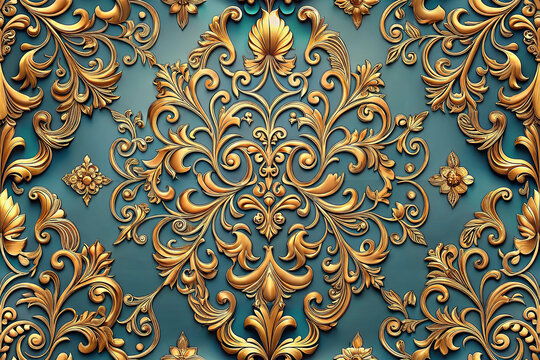 European and Western Regency Era Filigree Seamless Repeat, Luxury Gold Ornamental Scrollwork Damask on Teal, High Resolution Wallpaper and Fabric Background, Elegant Vintage Baroque Rococo Design