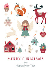 Merry Christmas and Happy New year greeting card, in Scandinavian style, with different animals and an angel. Vector illustration