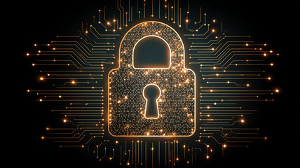 Glowing lock symbol formed by circuitry lines representing network defense, encrypted communication, and reliable information security.

