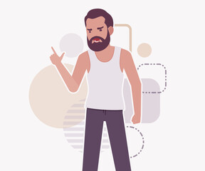 Middle aged man in home casual relaxed wear speaker pose. Bearded guy sleeveless wifebeater undershirt, comfy lounge pajama jogger pants, vector flat style cartoon illustration, creative background