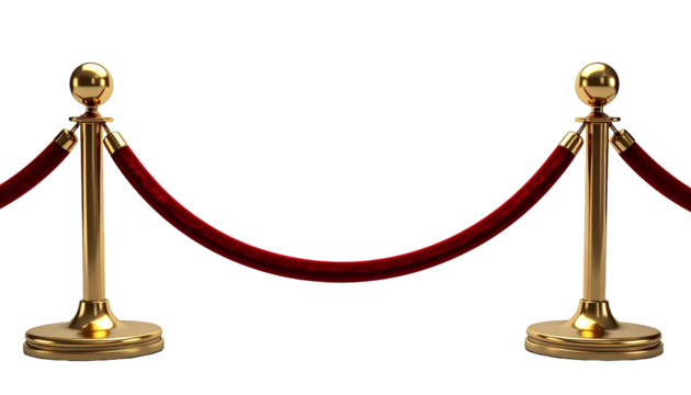 Velvet rope barrier with gold stanchions isolated on transparent background