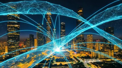 Connecting Networks Over Modern City Skyline At Sunset - Powered by Adobe