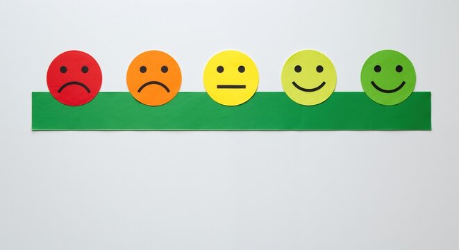 Five emoji faces rating scale from sad to happy on green platform white background. Customer satisfaction feedback evaluation system colorful expressions. Service quality assessment banner