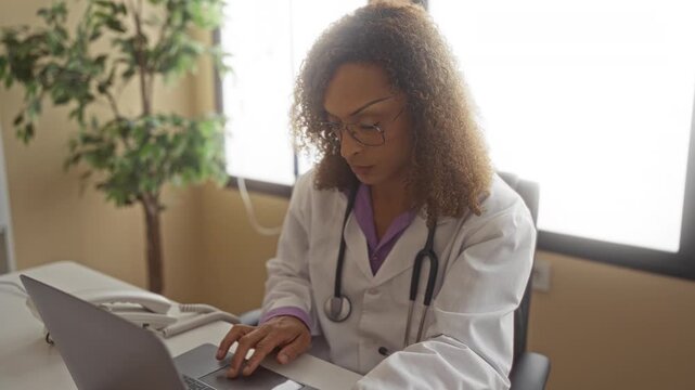 Woman doctor in white coat with stethoscope types on laptop while seated at desk in clinic; focus determination perseverance resolve.