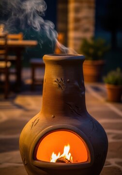 Terracotta chiminea with a burning fire on an outdoor patio at night. Smoke rising from the rustic clay fireplace. Cozy and warm evening ambiance