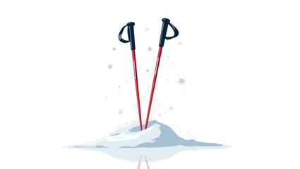 Red ski poles crossed in snowy mound with reflection and snowflakes, concept of alpine sport and symmetry