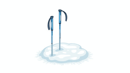 Pair of blue ski poles inserted into icy patch of snow, concept of winter activity and gear