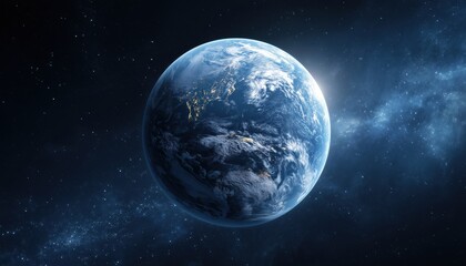 Naklejka premium Blue Earth: The Planet With Oceans And Continents Floating In Infinite Space Against A Starry Sky