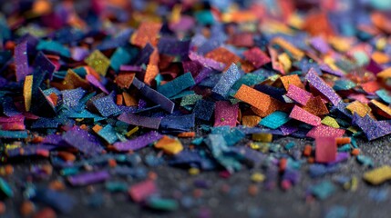 Obraz premium Colorful confetti pieces scattered on a dark surface. The confetti features various shapes and vibrant hues, creating a festive atmosphere.