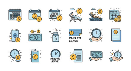 Collection of vibrant paid time off and leave benefit vector icons set