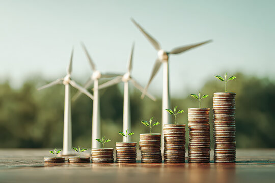 A conceptual image showing wind turbines and coins stacked, symbolizing growth in renewable energy and investment in sustainability.