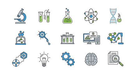 Collection of minimalist science and research vector icons on clean backdrop