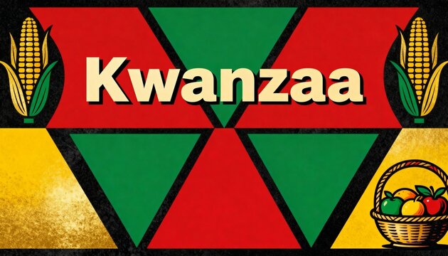 Kwanzaa holiday celebration background with traditional symbols. Graphic illustration with corn, fruit, and Pan-African colors of red, green, and black. African-American cultural heritage concept