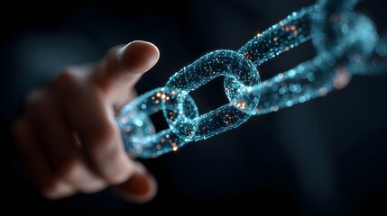 Concept of blockchain technology and global networking showing a person touching a virtual digital matrix connecting data emphasizing internet security and encryption for future systems