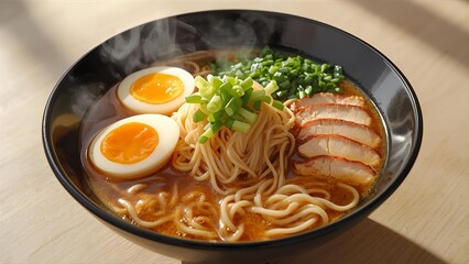 A hyper-realistic image of a freshly prepared bowl of ramen, with steaming broth, soft-boiled eggs, sliced pork belly, and vibrant green onions on top. 