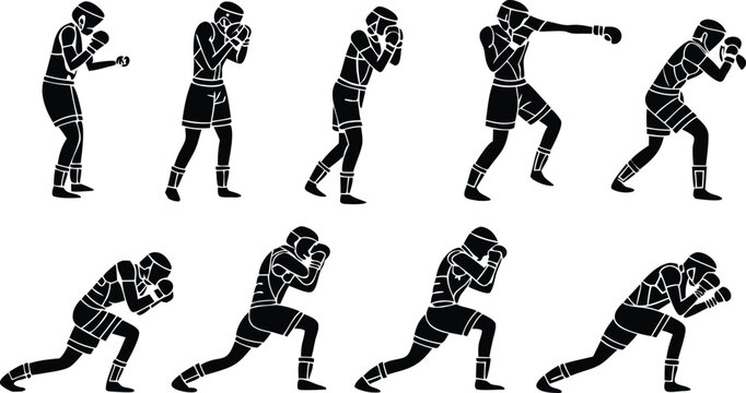 Dynamic boxing stances showcase strength and agility, ideal for sports promotions, fitness campaigns, and motivational visuals. Powerful athletic energy.