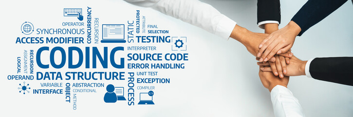 A powerful visual representation of teamwork and collaboration in programming, showcasing essential coding concepts and terms that define software development processes. Amity