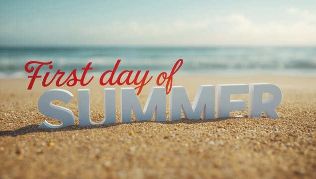 First day of summer text on the beach sand with the sea in the background