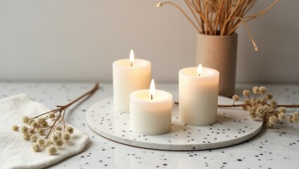 Cozy Minimalist Candle Arrangement with Dried Flowers and Warm Light